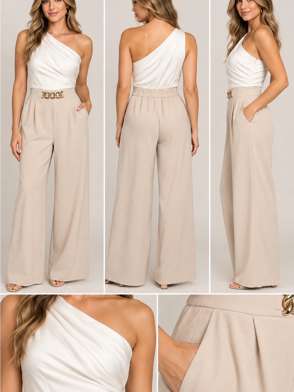 Line & Dot One-Shoulder Chain Jumpsuit Small NWT Ivory Beige Wide-Leg